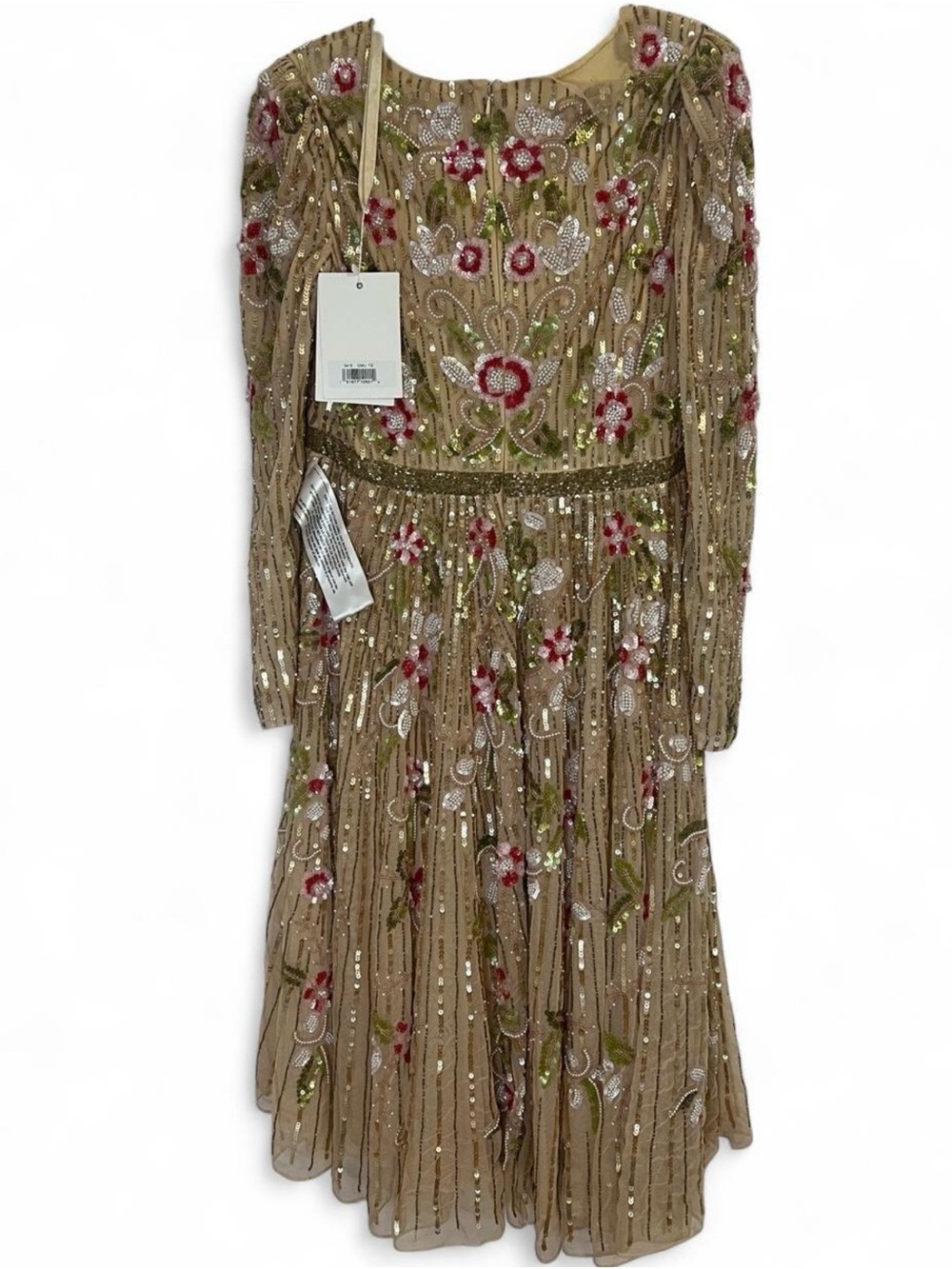 Mac Duggal Embellished V-Neck Floral Beaded Evening Dress in Tan, Pink & Green - Picture 4 of 9